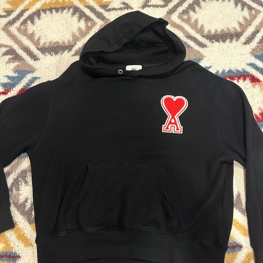 AMI Paris Black Hoodie with Red Heart Patch